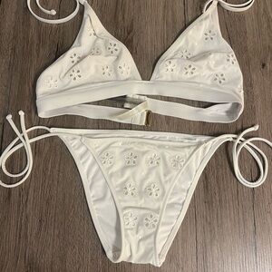 White Floral Eyelet Tie-Side Bikini Set